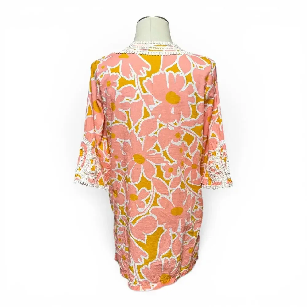 J.Crew Cotton Lace Tunic Cover-Up Top Floral Pink Yellow Mustard Small